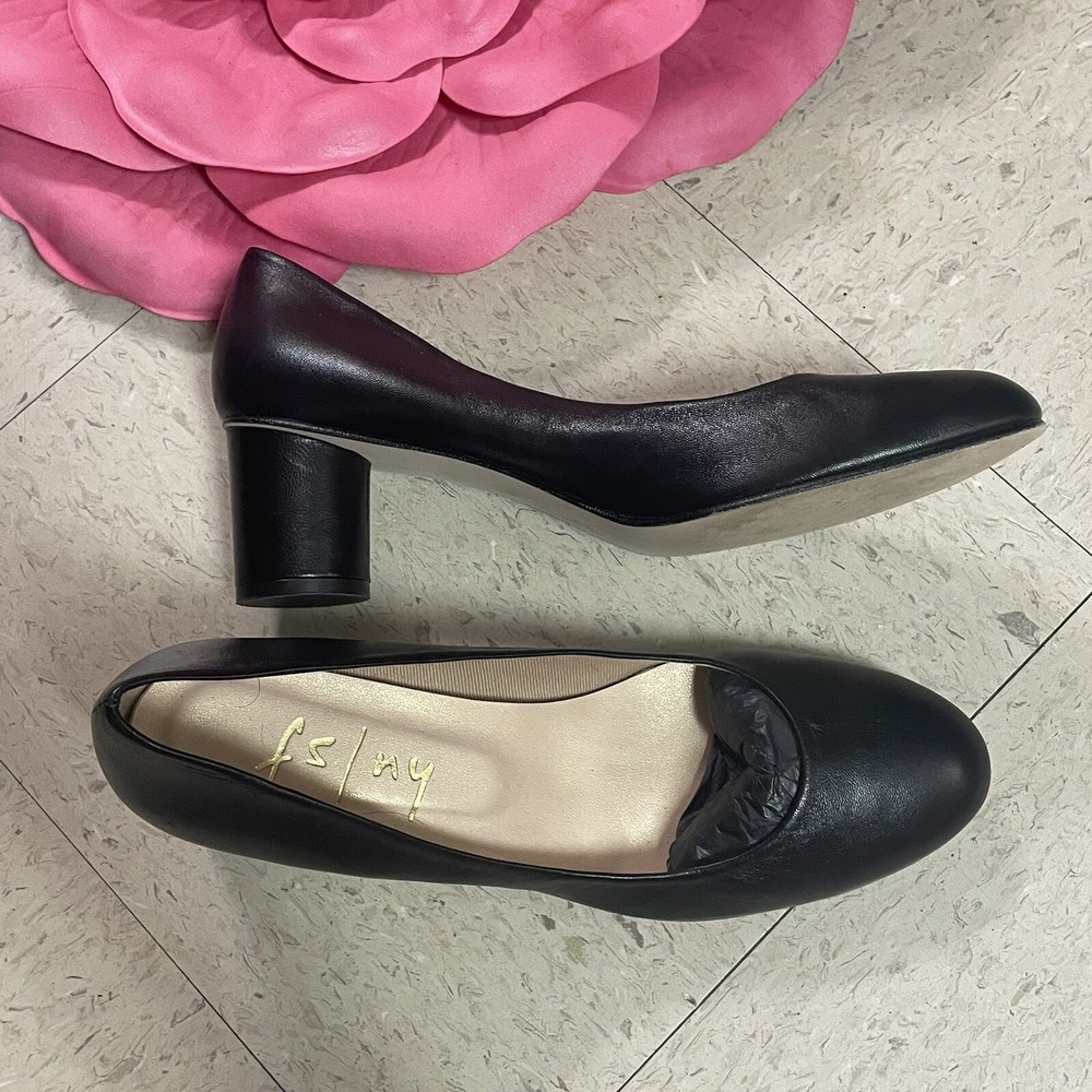 FS/NY FRENCH SOLE Sz 9 Black‎ Leather Round Toe Block Heel Pumps Academia Career